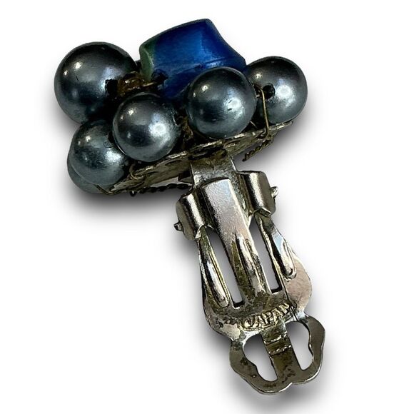 Vintage Classy Silver Tone Blue Green Pearl Bead Cluster Clip On Earrings Marked - Picture 2 of 7